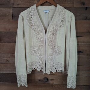 Coldwater Creek Beige Lightweight Linene Blend Boho Lace Jacket SZ PXL